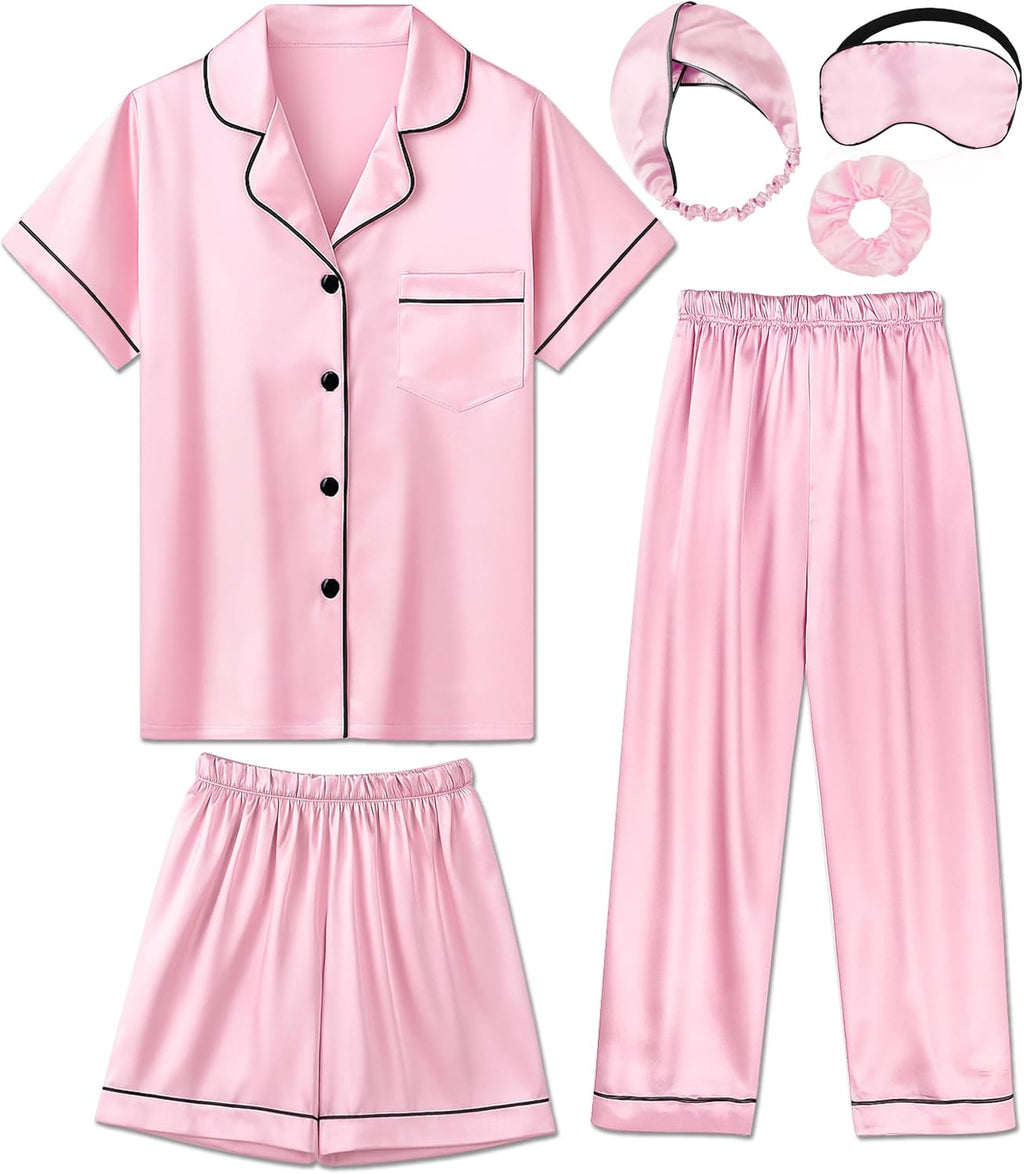 Silk Pajamas for Girls Satin Pajama Kids 3Pcs Short Sleeve Pjs Set