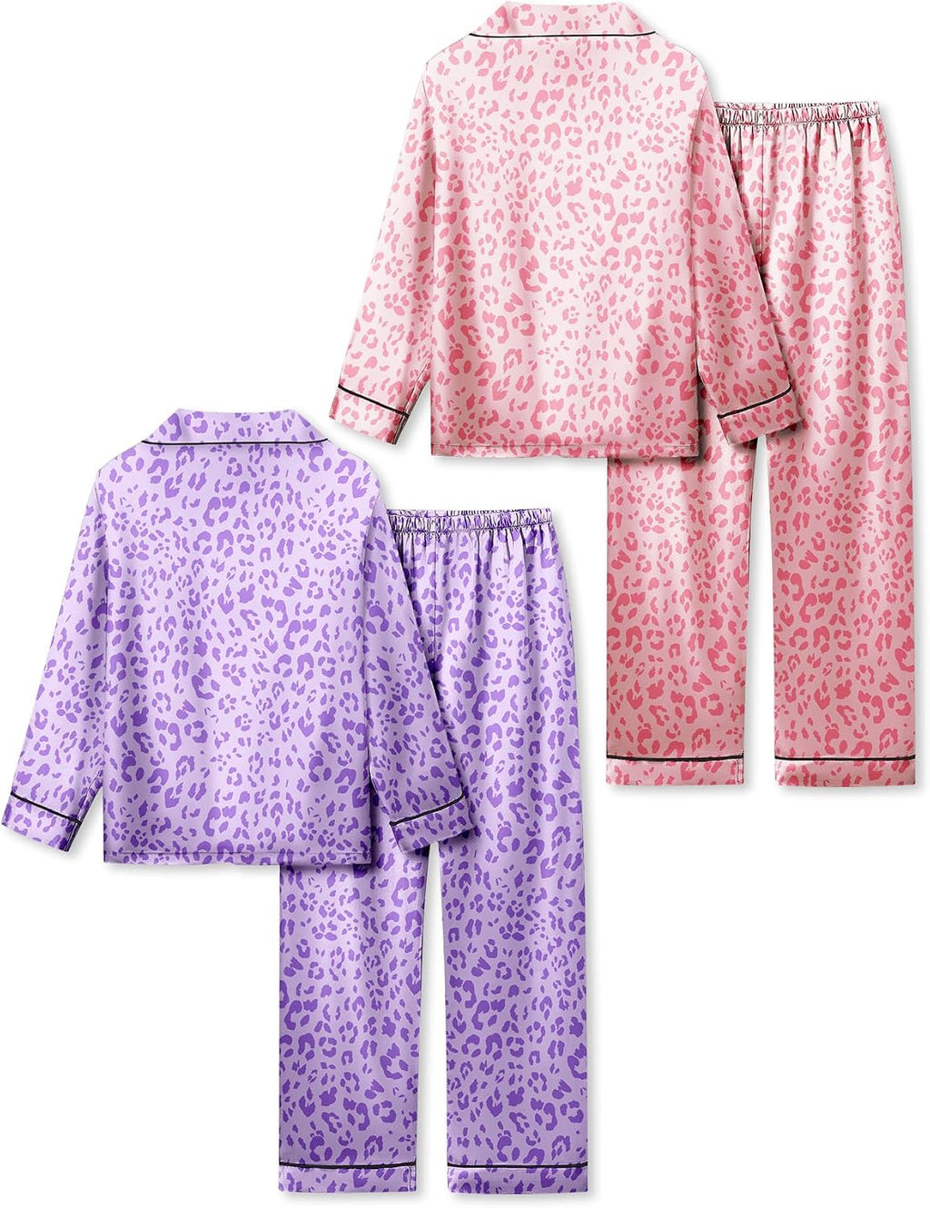 Satin Pajamas for Girls, 4-Piece Long Sleeve Silky Button Down PJ Set