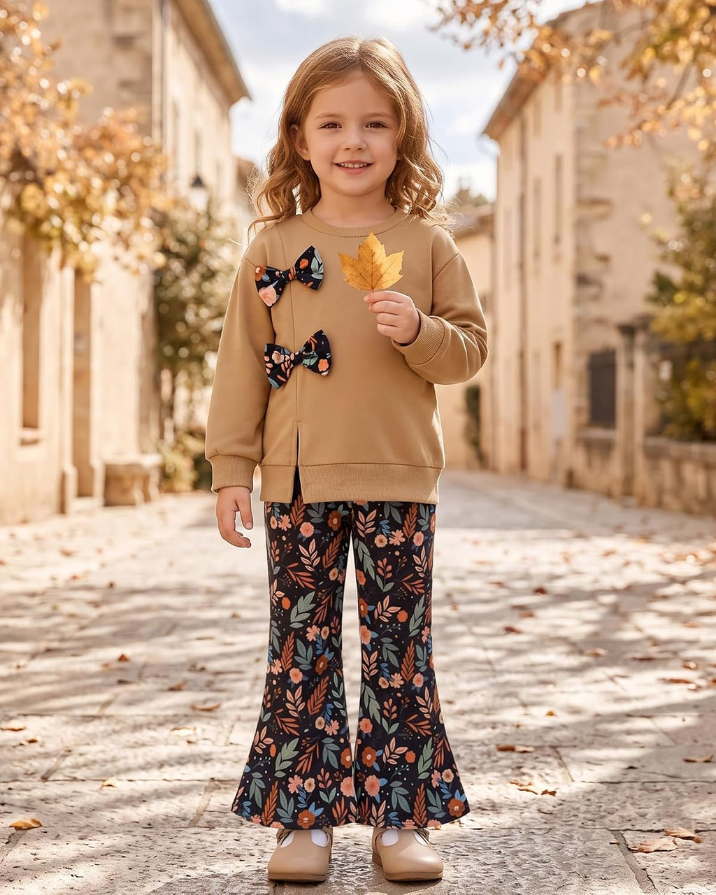SANMIO Toddler Girls Clothes Fall Long Sleeve Top Floral Flare Pants 2Pcs