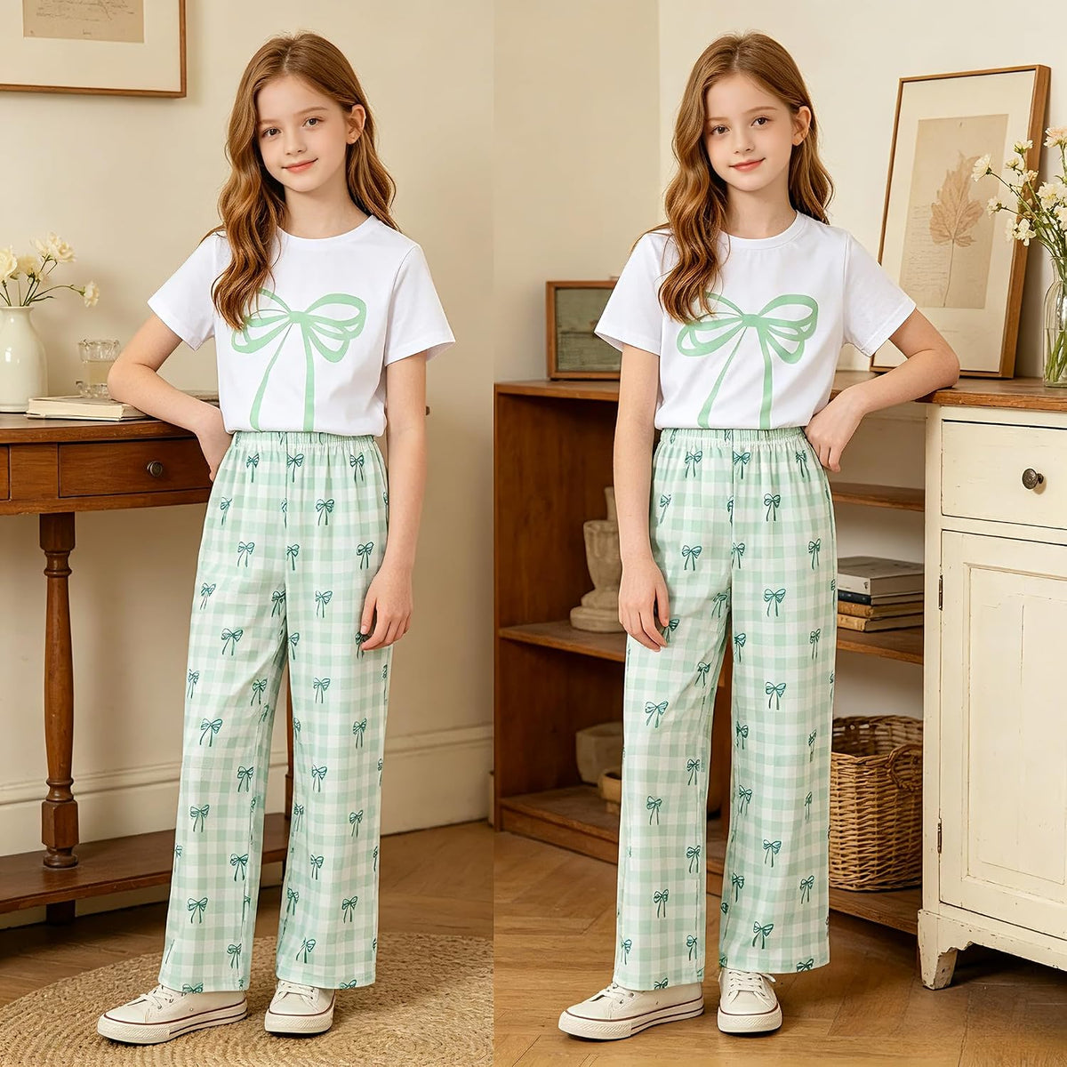 Tween Girls Cute Clothes Bow Print Solid Top + Matching Bow Gingham Pants Outfit Set 9-16 Years