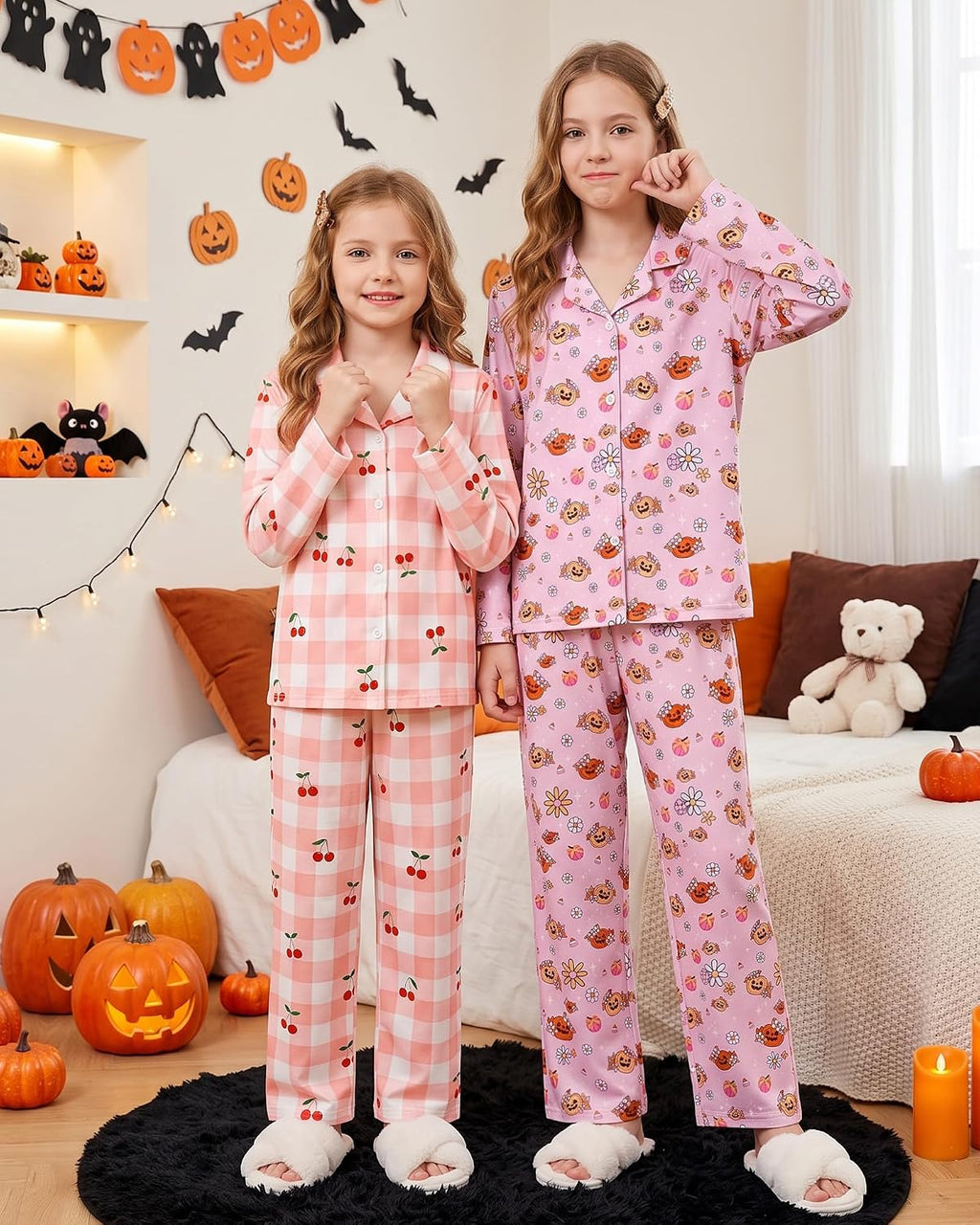 CARETOO Girls Pajamas Set Soft Button-Down Long Sleeve Pjs Set Size 5-14