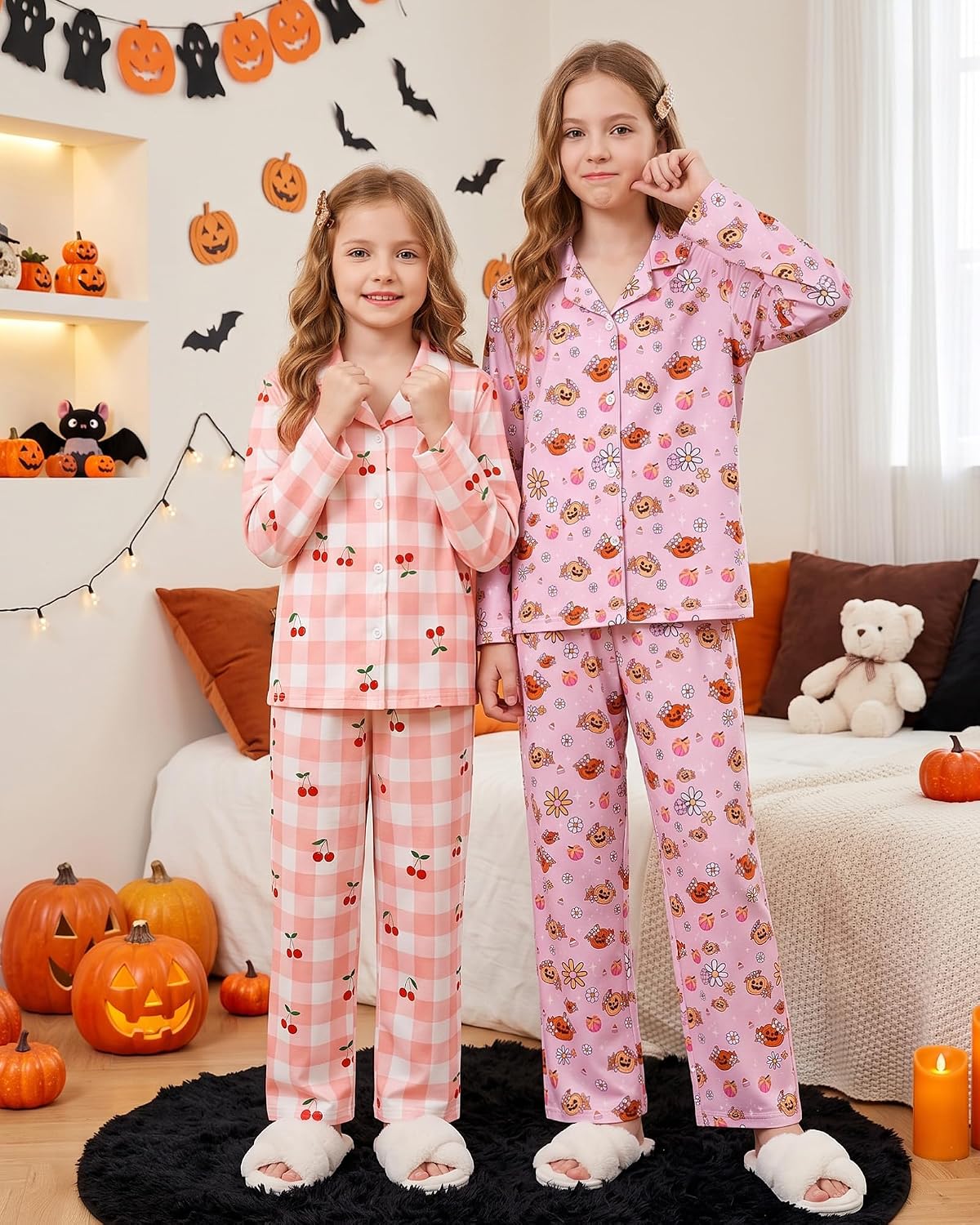 CARETOO Girls Pajamas Set Soft Button-Down Long Sleeve Pjs Set Size 5-14