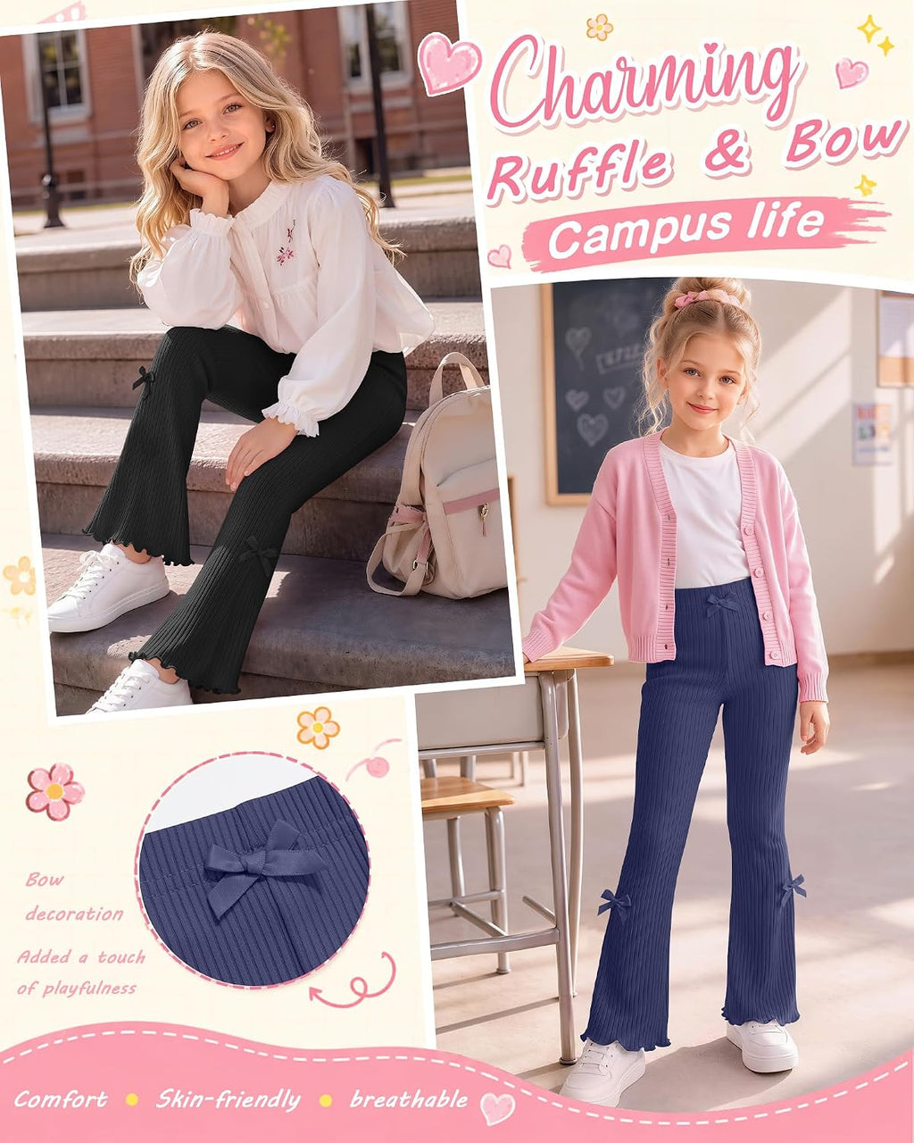 2 Pack Girl Flare Legging Ribbed Ruffle Bell Bottom
