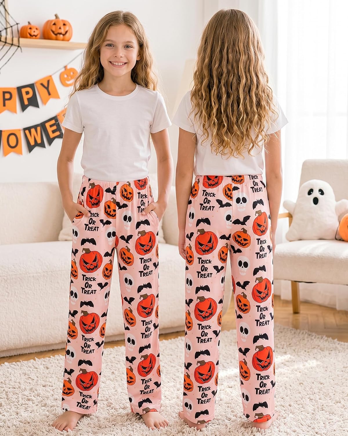 HONGTEYA Girls Christmas Pants with Pockets Soft Long Plaid Bottom