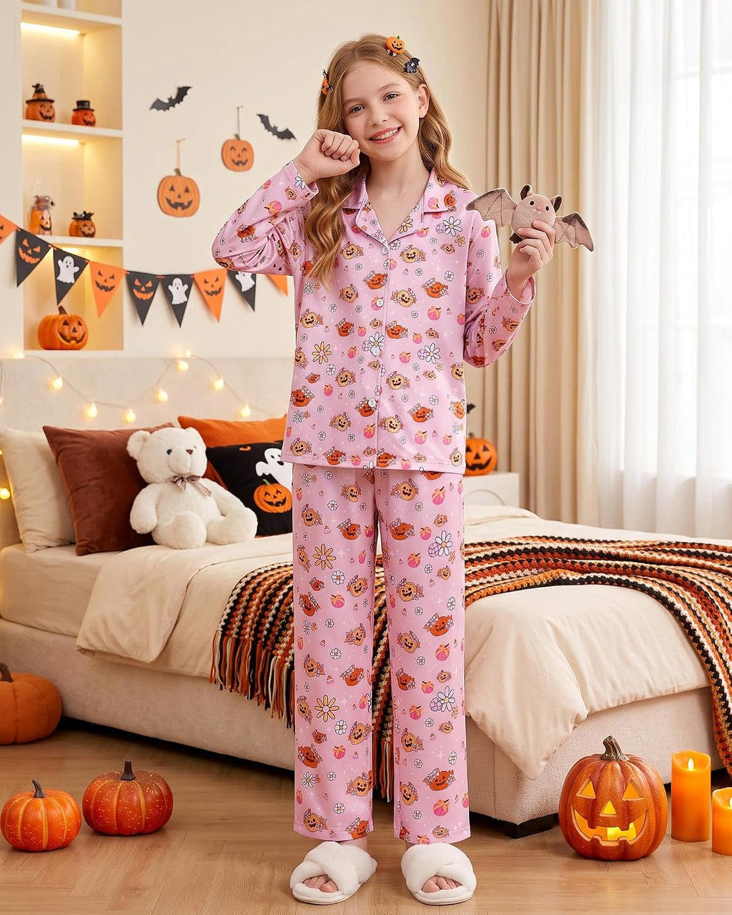 CARETOO Girls Pajamas Set Soft Button-Down Long Sleeve Pjs Set Size 5-14