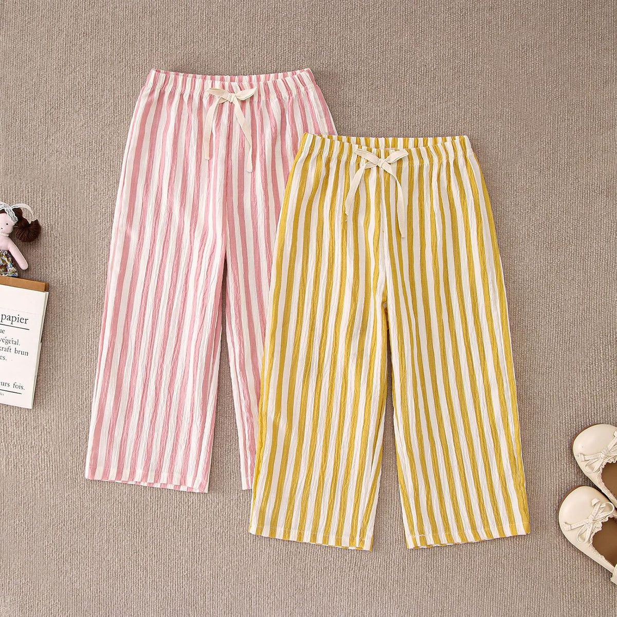 CM C&M WODRO Toddler Boy Girl Pants 2 Pack Stripes Elastic Waist Wide Leg Kids Summer Fall Lightweight Cotton Pants Trousers