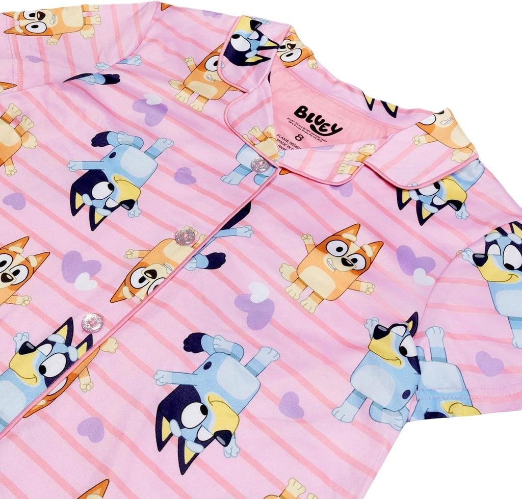 Bluey Girls' 2-piece Loose-fit Button Down Matching Pajama Set, Soft & Cute for Kids