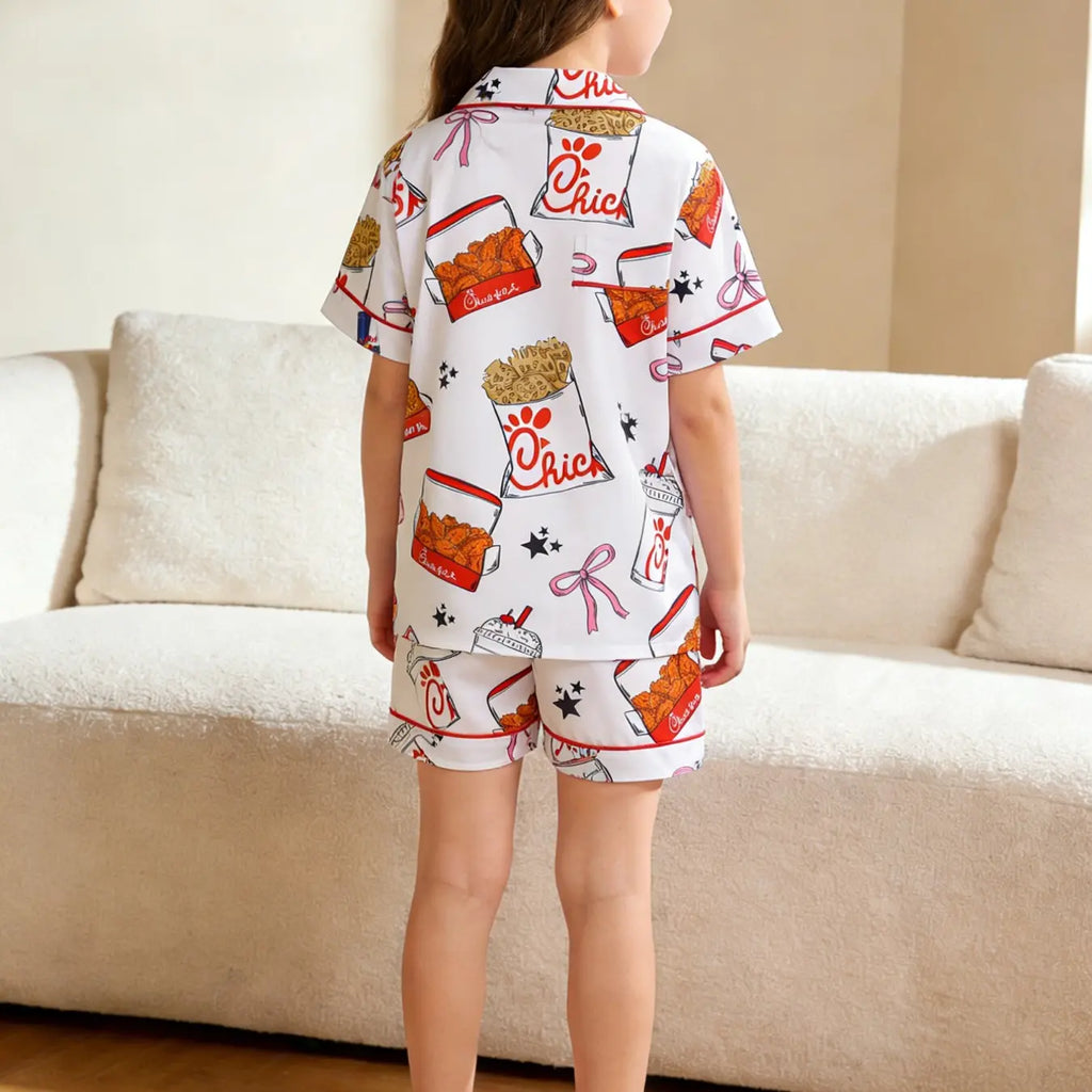 2-Piece Set Girls Graphic Pajama Set, Potato Chips & Fried Chicken Print, Soft Short Sleeve Pocket Top & Elastic Waist Shorts, Kids Homewear, Pajama Outfit