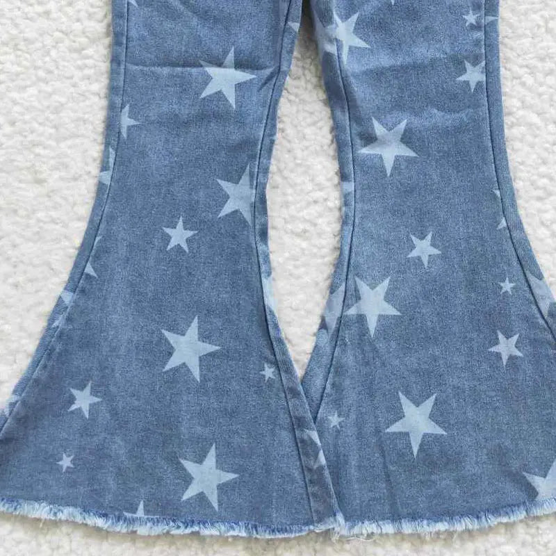 Girls' Star Print High Waist Bell Bottom Jeans, Blue Denim with Elastane, Featuring Adjustable Waist & Zip Fly, Sizes 2T-4T, Stars, 3 - 4 Years, 3T, Basic, 6-12M, 6-7T