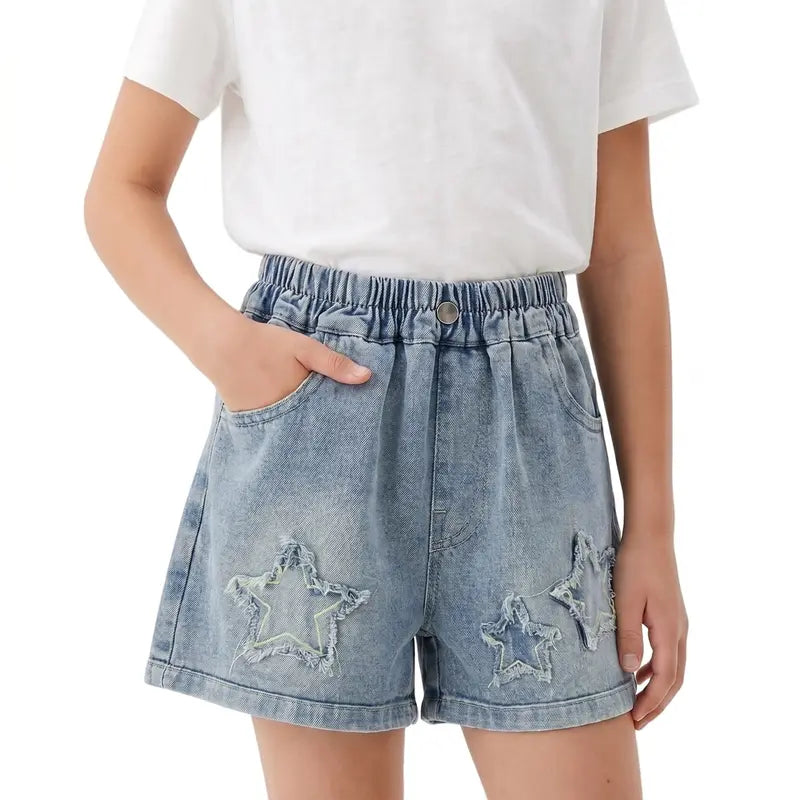 Girls' Star Distressed Denim Shorts, Cute Raw Hem Jean Shorts with Star Embroidery, Elastic High Waist Kids' Wide Leg Shorts for 4-16 Years, Summer Fashion