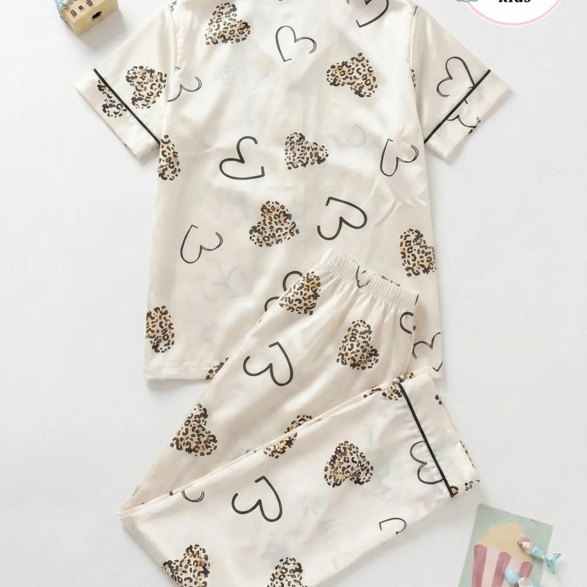 Girls' 2-Piece Pajama Set, Leopard Heart Print, Button Front Short Sleeve Top + Elastic Long Pants, Soft Satin Fabric, All-Season Comfort, Leopard Print Pajamas, Pj Sets