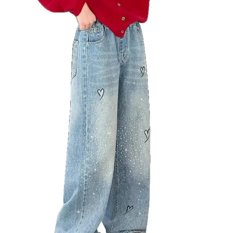 Girls Hot Diamond Jeans Spring 2026 New Big Children Loose Wide-leg Pants Trousers Foreign Style Spring and Autumn Casual Pants