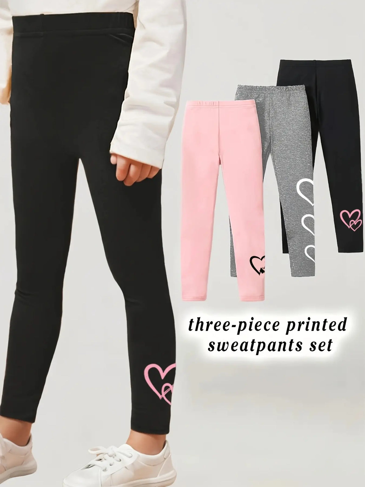 3 Piece Set Girls Solid Heart Pattern Casual Print Pants, All-Season Wear, Suitable for Ages 3+, Slim-Fitting, Comfortable Bottoms